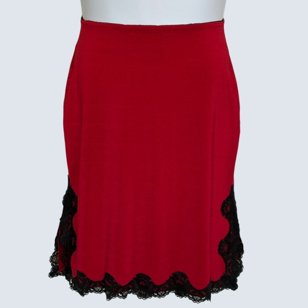 Vintage Slinky Red Pull On Slip Skirt w Black Lace Trim by Necessary Objects s M
